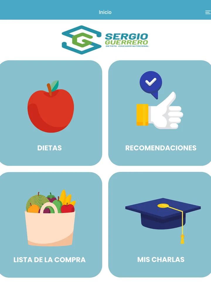 Pantalla de inicio de la aplicación del paciente, con accesos a dietas, recomendaciones, lista de la compra y charlas