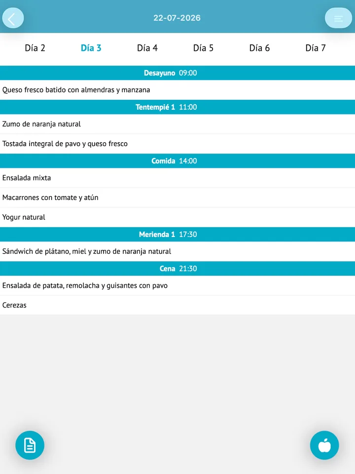 Vista del plan nutricional semanal, con las comidas y horarios de cada día